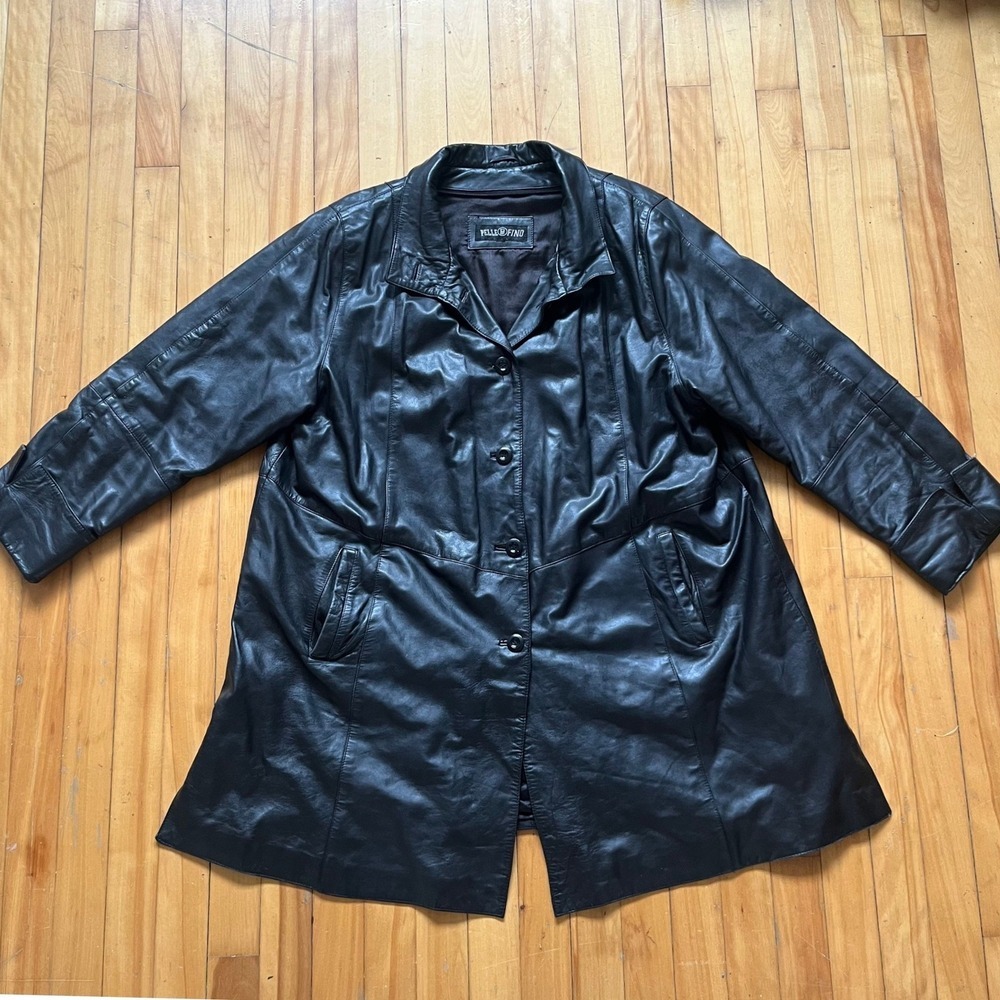 Pelle & Fino Womens Black Leather Button Up Collar Jacket Coat